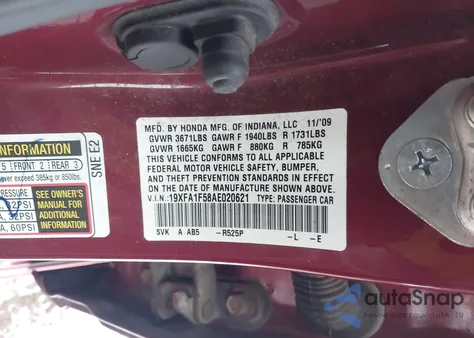 2010 Honda Civic Lx z USA, uszkodzony, nr VIN 19XFA1F58AE020621